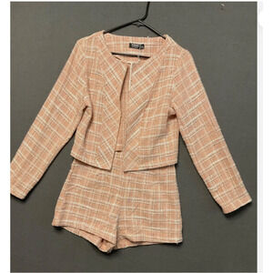 YOINS Jacket Shorts Set Womens Small Pink Plaid Tweed Crop Wide Leg Outfit
